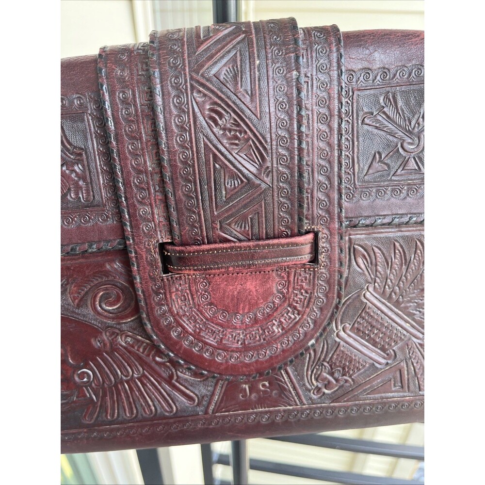 Vintage Mexican Aztec Mayan Tooled Brown Leather Handbag Purse Boho Hippie Vibe - Picture 6 of 16